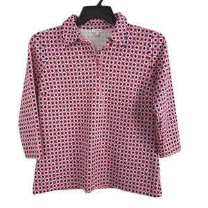 Talbots Petites MP Geometric Print Button Neck 3/4 Sleeve Top Coral Blue Polo